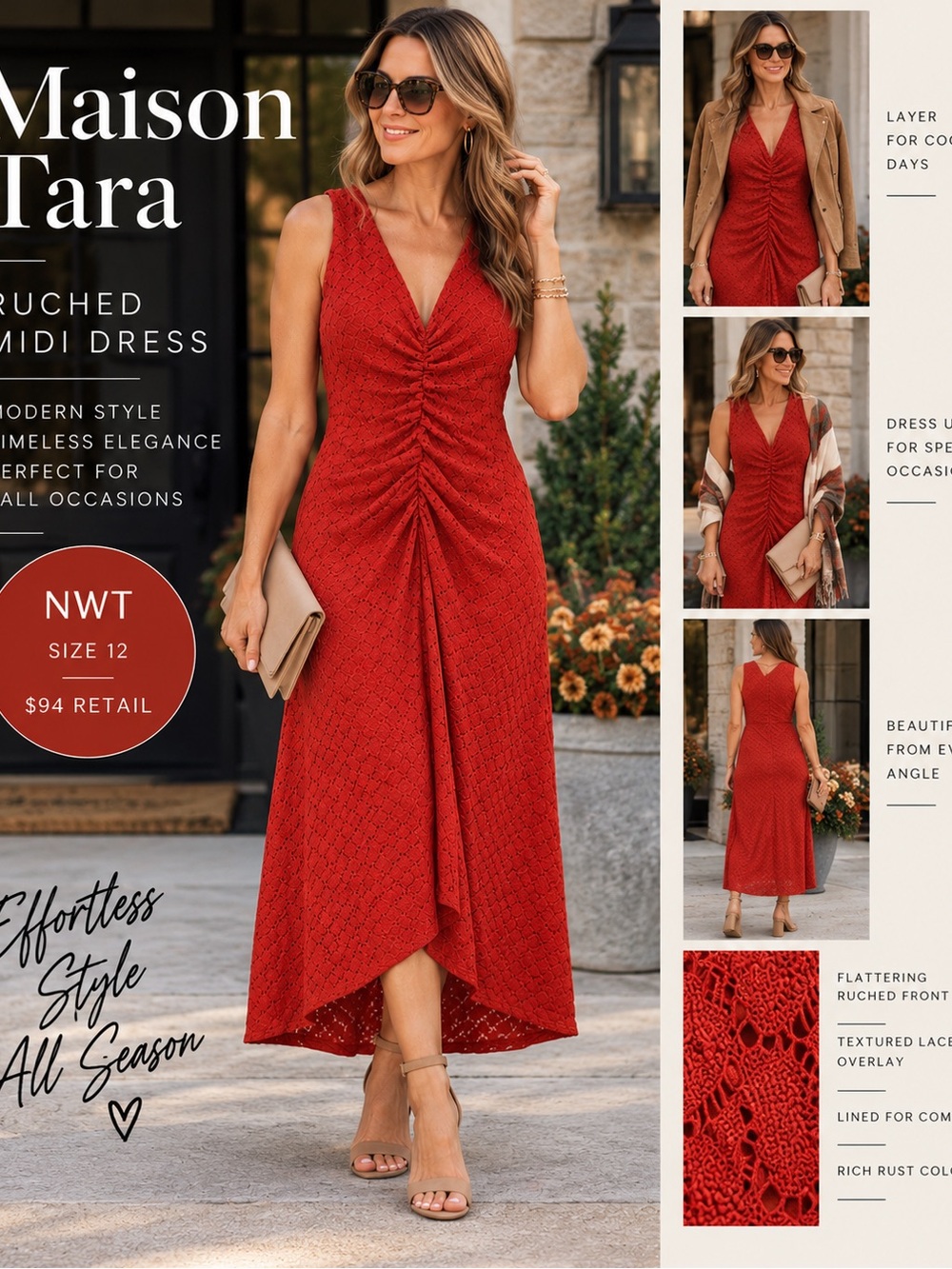 Maison Tara Rust Red Ruched Midi Dress NWT